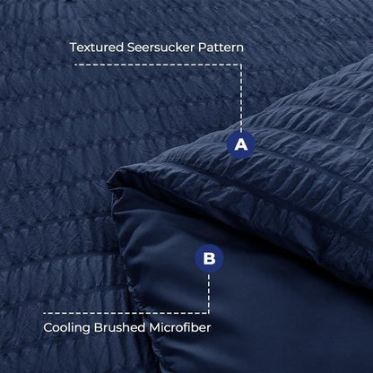 HYMOKEGE Navy Blue King Size Comforter Set Seersucker 7 Pieces, All Season Luxury Bed in a Bag for Bedroom, Bedding Set with Comforters, Sheets, Pillowcases & Shams
