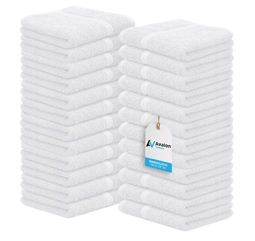 Avalon Towels Cotton Washcloths 24-Pack – 12 x 12 Inch White Super Soft & Absorbent Ring-Spun Cotton Wash Cloths for Face, Bath, Spa, Gym, Hotel & Cleaning