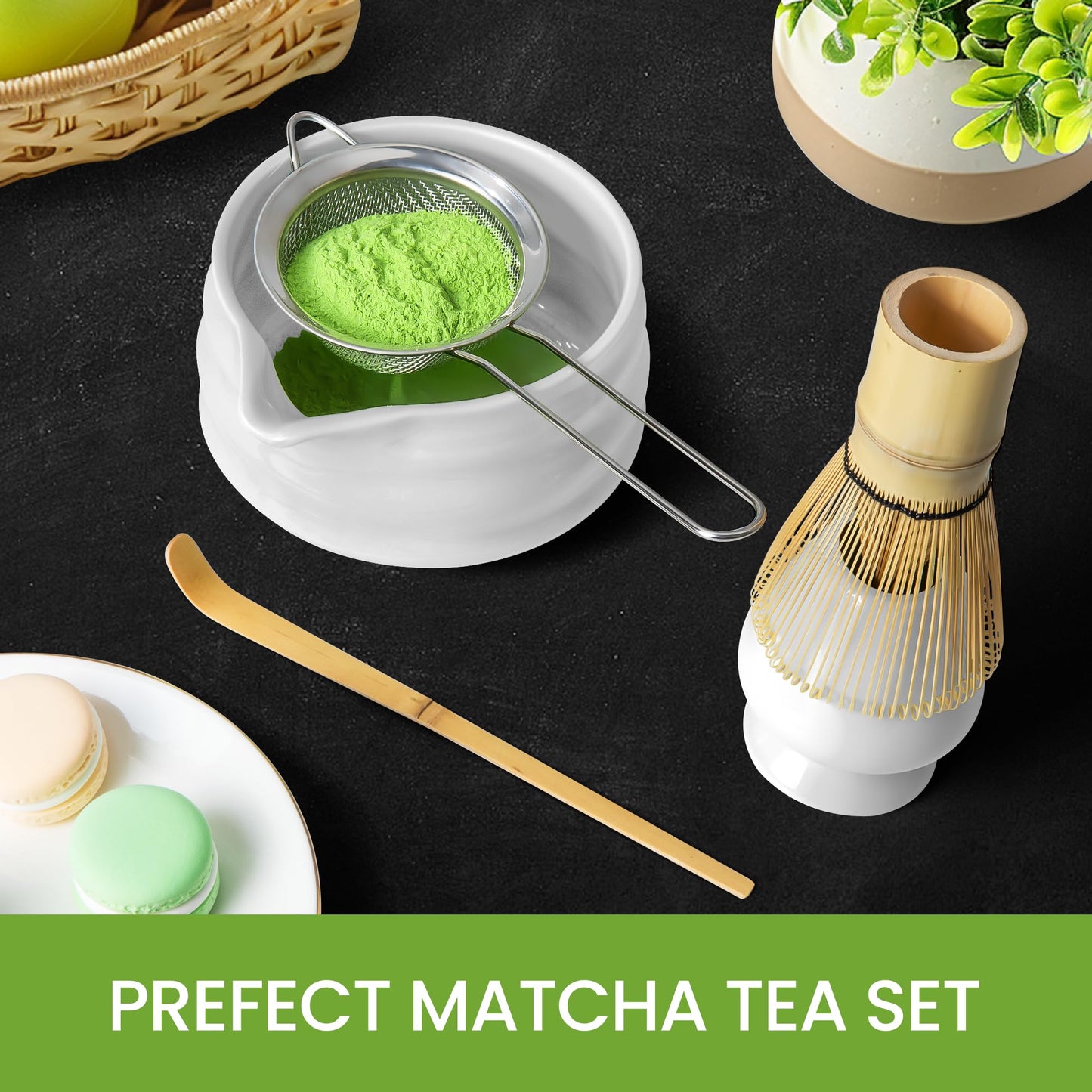 Matcha Whisk Set and Bowl, Matcha Making Kit Whisk, Bowl With Spout, Powder Starter Sifter, Ceramic Whisk Holder, Spoon Japanese Tea Tools For Ceremony Gift (White, 9 Pack)