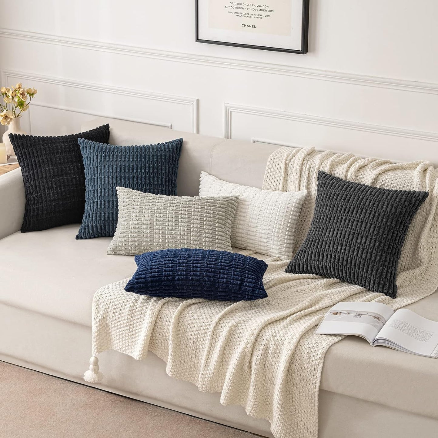 MIULEE Corduroy Decorative Lumbar Throw Pillow Covers - Soft Boho Striped Design, 20x12 Inch, Dark Blue for Modern Farmhouse Decor