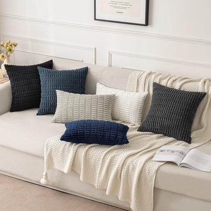 MIULEE Corduroy Decorative Lumbar Throw Pillow Covers - Soft Boho Striped Design, 20x12 Inch, Dark Blue for Modern Farmhouse Decor