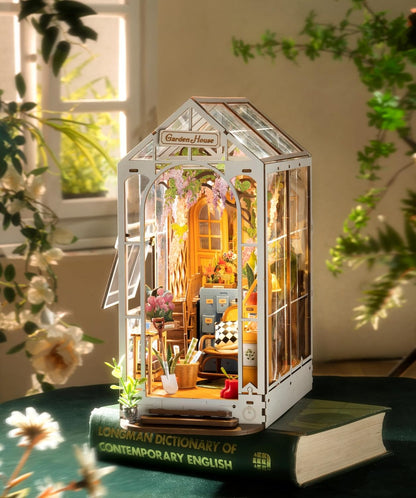 ROBOTIME Book Nook Kit - DIY Miniature House with LED Light | 3D Wooden Puzzle Bookend Decor (Garden House)
