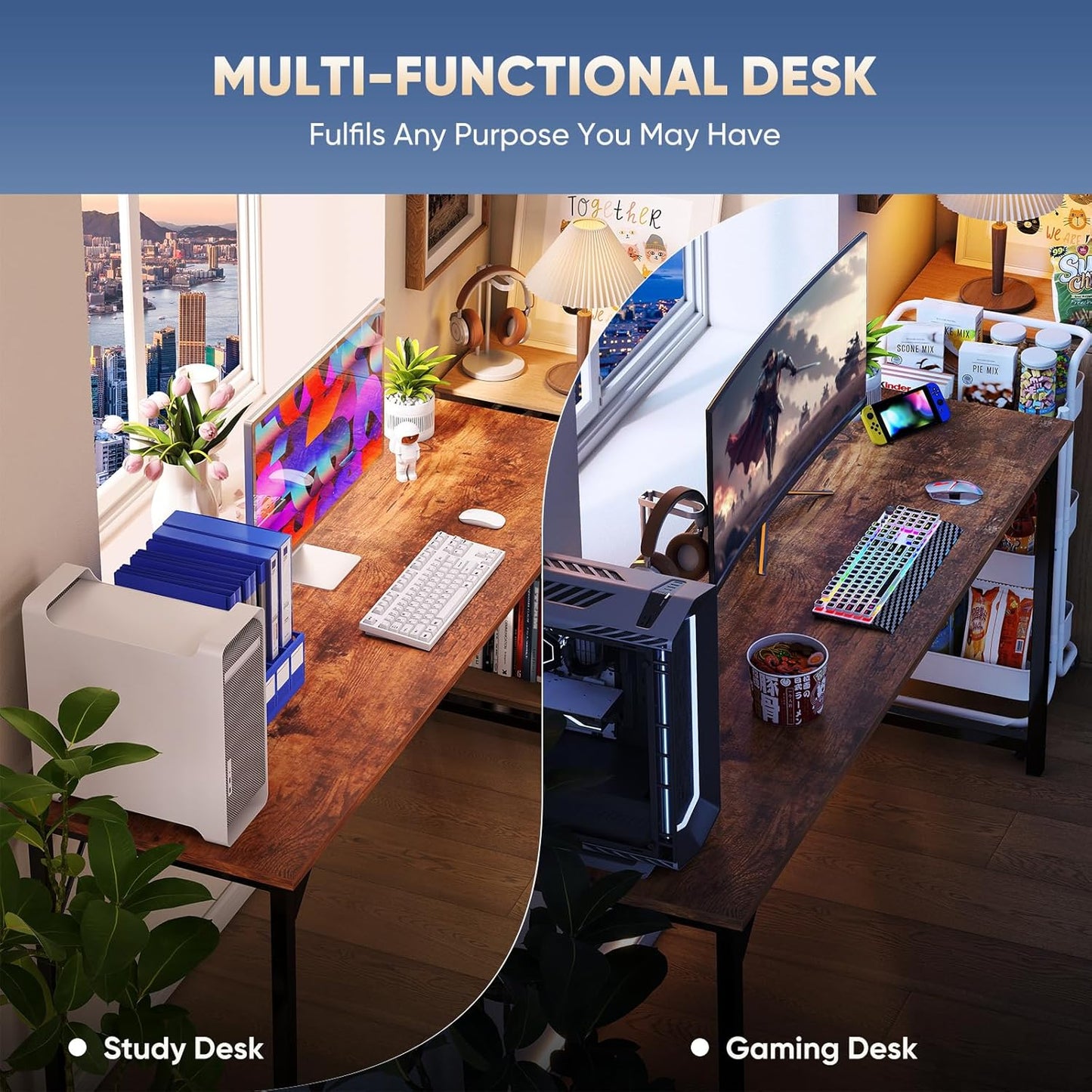 DUMOS 63-Inch Computer Desk - Modern Writing & Gaming Workstation with Metal Frame | Wood Brown Finish