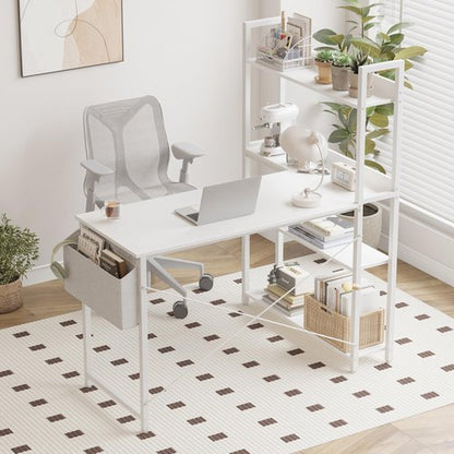 Treesland 47 Inch Computer Desk with Bookshelf, Corner Desk with Storage, L Shaped Desk, Home Office Desks, Writing Study Desk for Bedroom, White