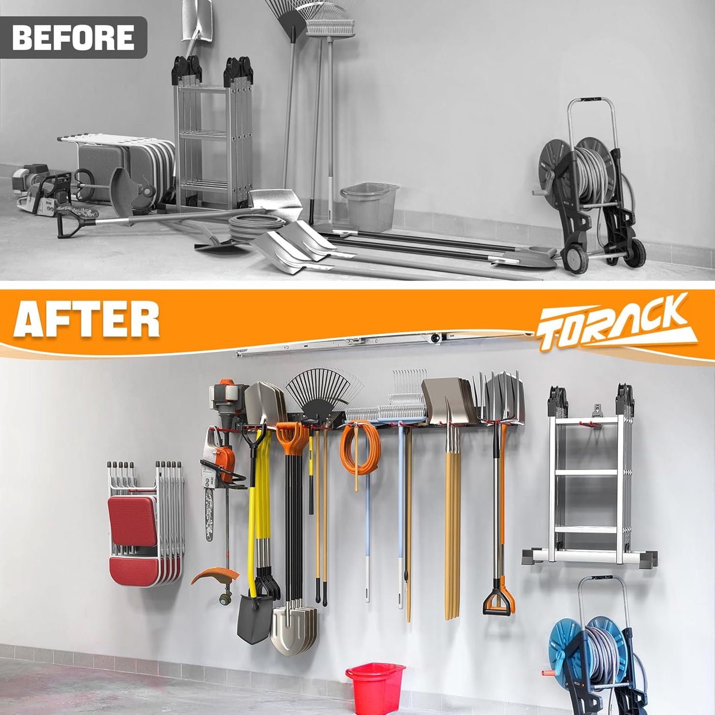 TORACK Garden Tool Organizer - Wall-Mounted Storage Rack for Shovels, Rakes, and Brooms | Durable Folding Design