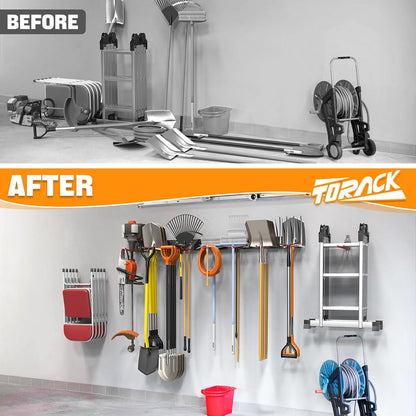 TORACK Garden Tool Organizer - Wall-Mounted Storage Rack for Shovels, Rakes, and Brooms | Durable Folding Design