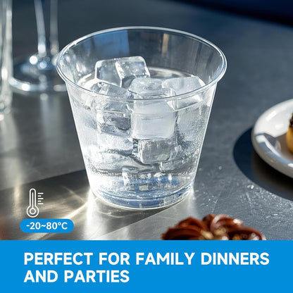 RACETOP Clear Plastic Cups - 9 oz Disposable Tumblers for Parties & Events | 100 Pack