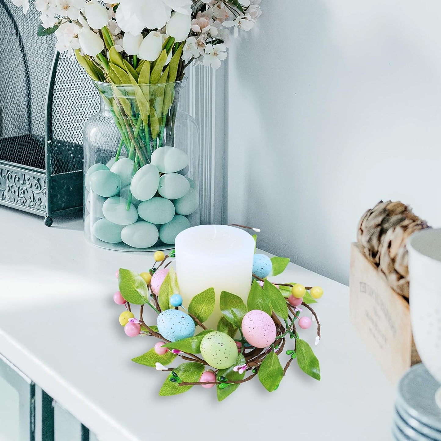 Winlyn Easter Egg Candle Rings - 4 Pcs Spring Wreaths with Pastel Eggs & Foliage | 11" Table Centerpiece Decor