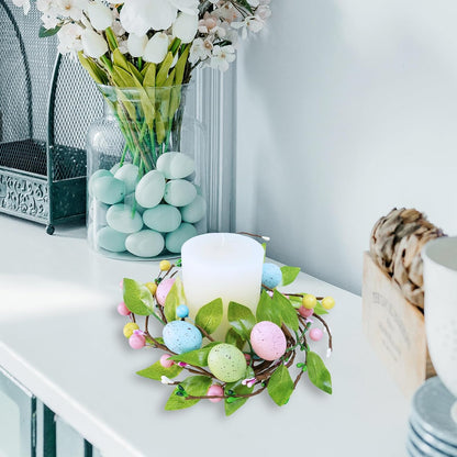 Winlyn Easter Egg Candle Rings - 4 Pcs Spring Wreaths with Pastel Eggs & Foliage | 11" Table Centerpiece Decor