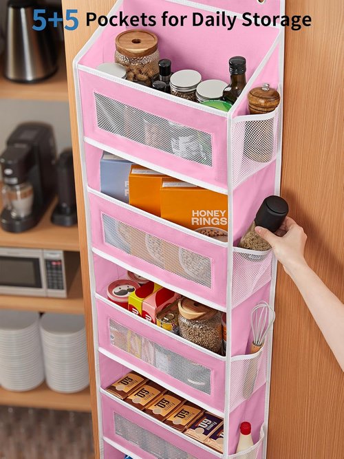 JARLINK Over The Door Organizer - 5 Shelf Hanging Storage with 5 Large Pockets | Anti-Tilt Design, Pink