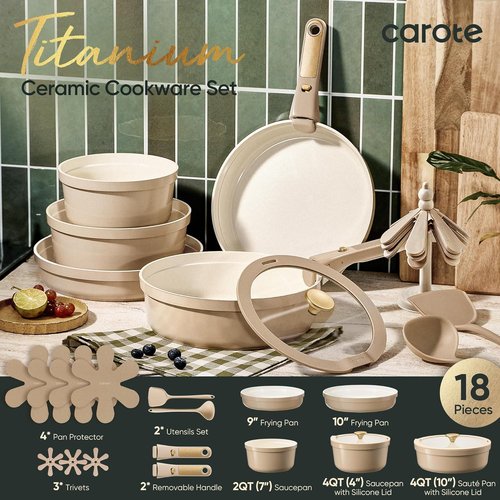 CAROTE 18-Piece Ceramic Cookware Set - Titanium Nonstick, Detachable Handles, Dishwasher Safe, Induction Compatible