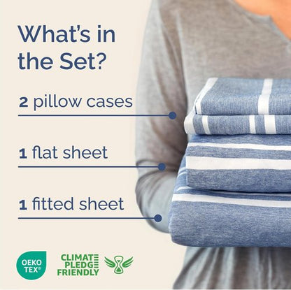 Cal King Size 4-Piece Sheet Set by [Brand Name] - Comfy, Breathable & Cooling Bedding - Deep Pockets, Wrinkle-Free, Blue Stripes