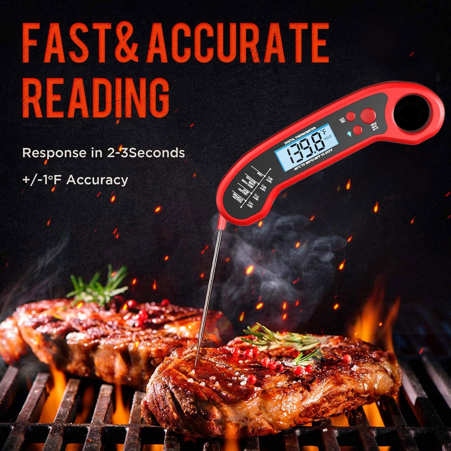 Meat Thermometer Digital - Instant Read Waterproof Food Thermometer for Grill, BBQ & Cooking