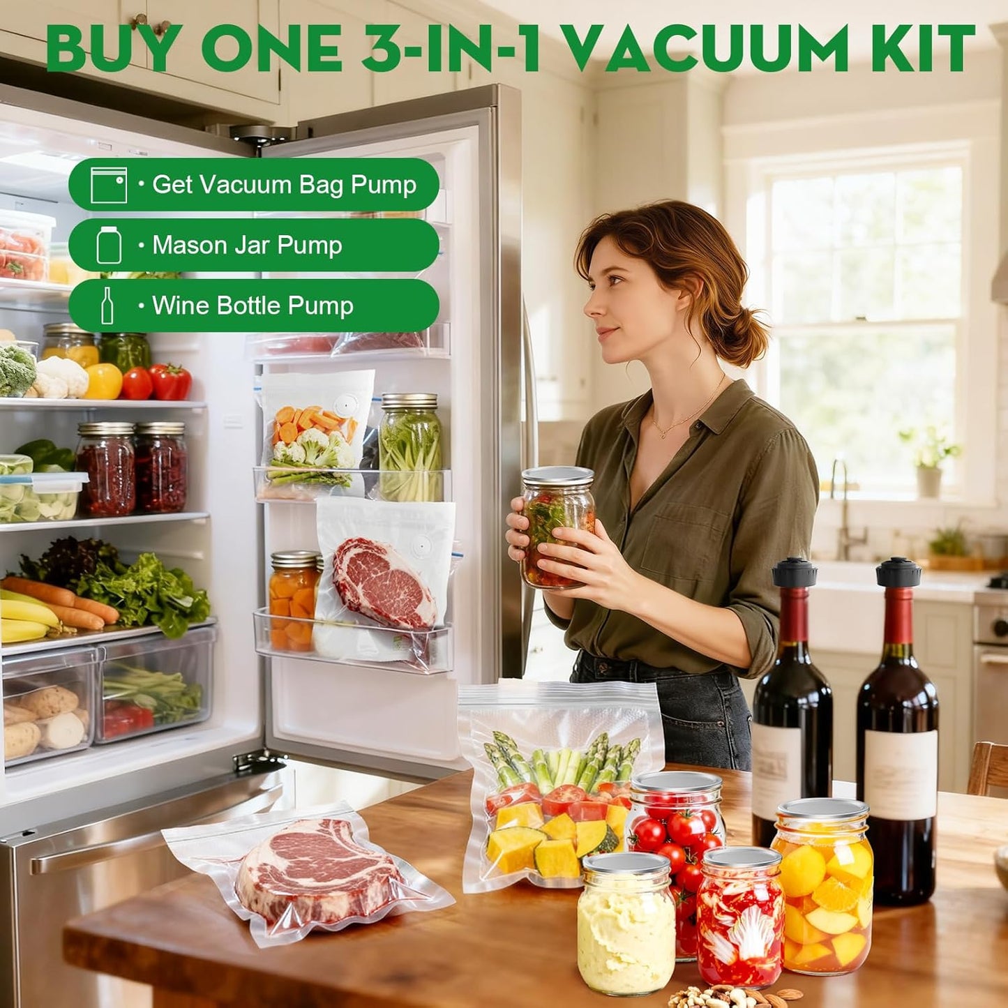 Skiennix 3-in-1 Vacuum Sealer - Compact Handheld Food Saver with 14 Reusable Bags & Jar Compatibility
