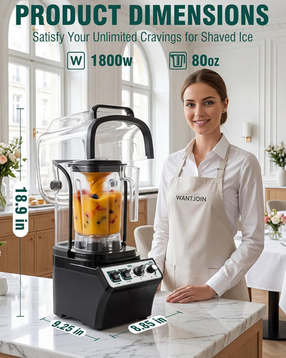 WantJoin Commercial Blender - 80Oz Quiet Smoothie Maker with Soundproof Shield & Self-Cleaning Feature