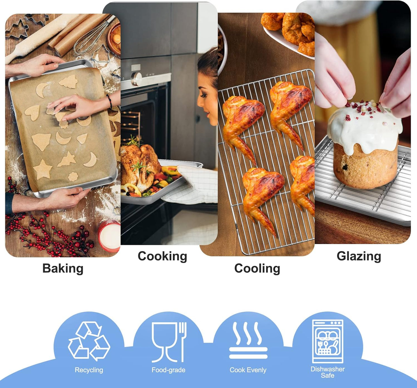 Skiennix Baking Sheet Set - Stainless Steel Cookie Sheet with Cooling Rack | Non-Stick, Dishwasher Safe, 16 x 12 x 1 Inch