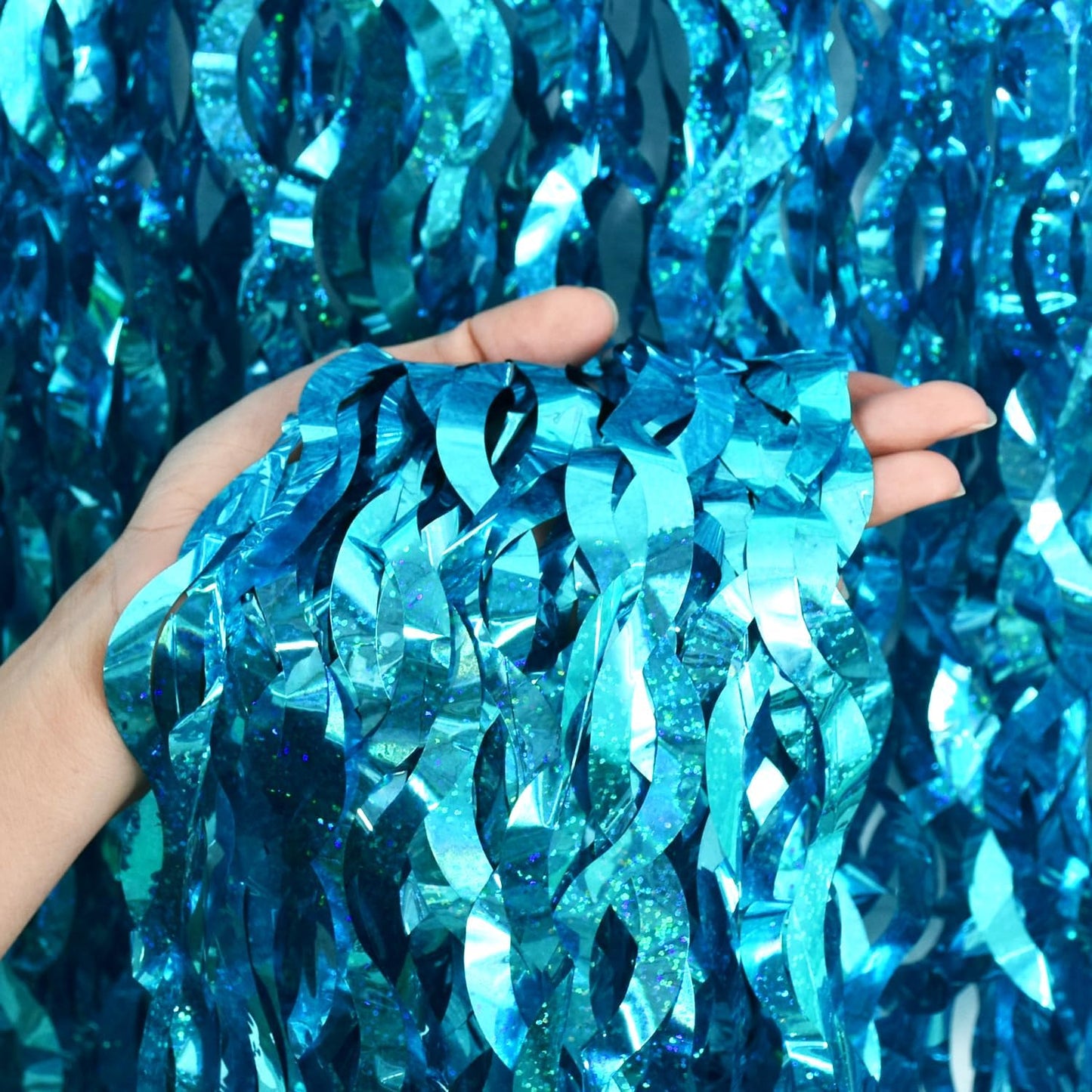 TONIFUL Wavy Metallic Tinsel Foil Fringe Curtains - Teal Blue Backdrop for Parties & Photo Booths (6.6ft x 6.6ft)