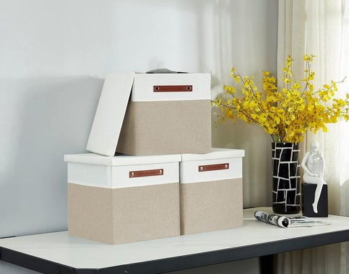 DECOMOMO Storage Basket - Fabric Box with Lid & Handles | Beige and White, 11” | 3 Pack