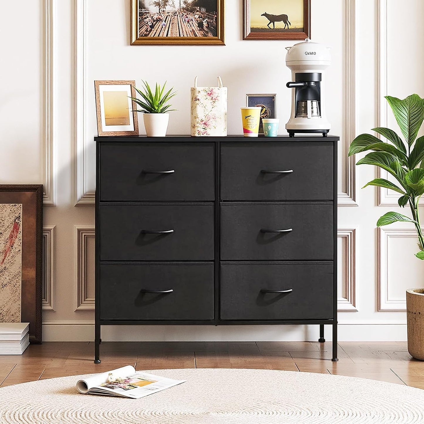 Skiennix 6-Drawer Dresser - Anti-Tip Storage Organizer with Wooden Top & Metal Frame | Black