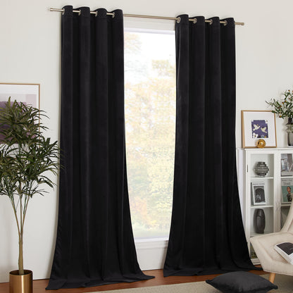 NICETOWN Black Curtains Patio Blackout Velvet Curtain Panels, Media Movie Theater Room Decor, Energy-efficient Velvet Woven Home Theater Eyelet Top Drapes for Living Room (1 Pair, W52xL90 inches)