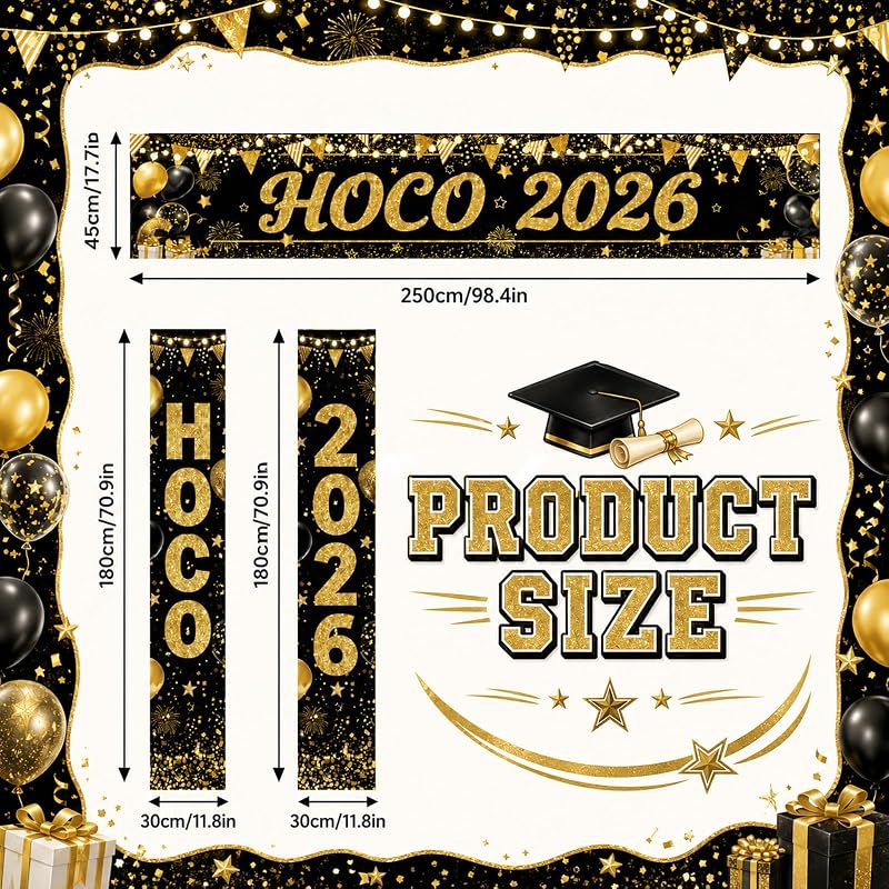 HOCO 2026 Welcome Banner Set - Black & Gold Porch Signs, 3-Piece Yard Decor for Homecoming