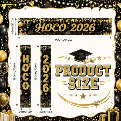HOCO 2026 Welcome Banner Set - Black & Gold Porch Signs, 3-Piece Yard Decor for Homecoming