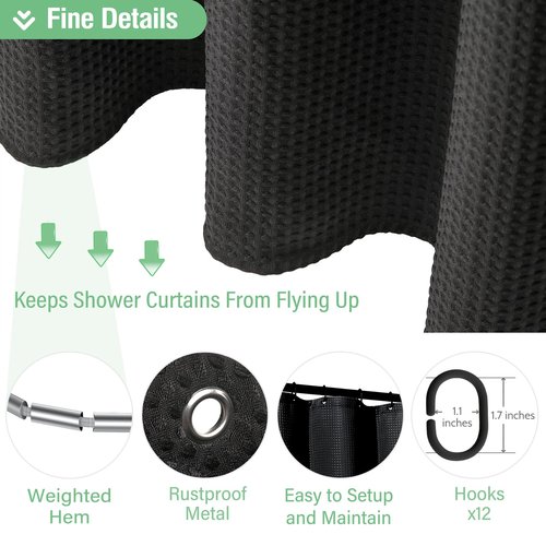 Dynamene Long Black Fabric Shower Curtain - Waffle Textured Tall Heavy Duty Cloth Shower Curtains for Bathroom, 256GSM Large Hotel Spa Luxury Bath Curtain Set with 12 Plastic Hooks(72Wx80H, Black)