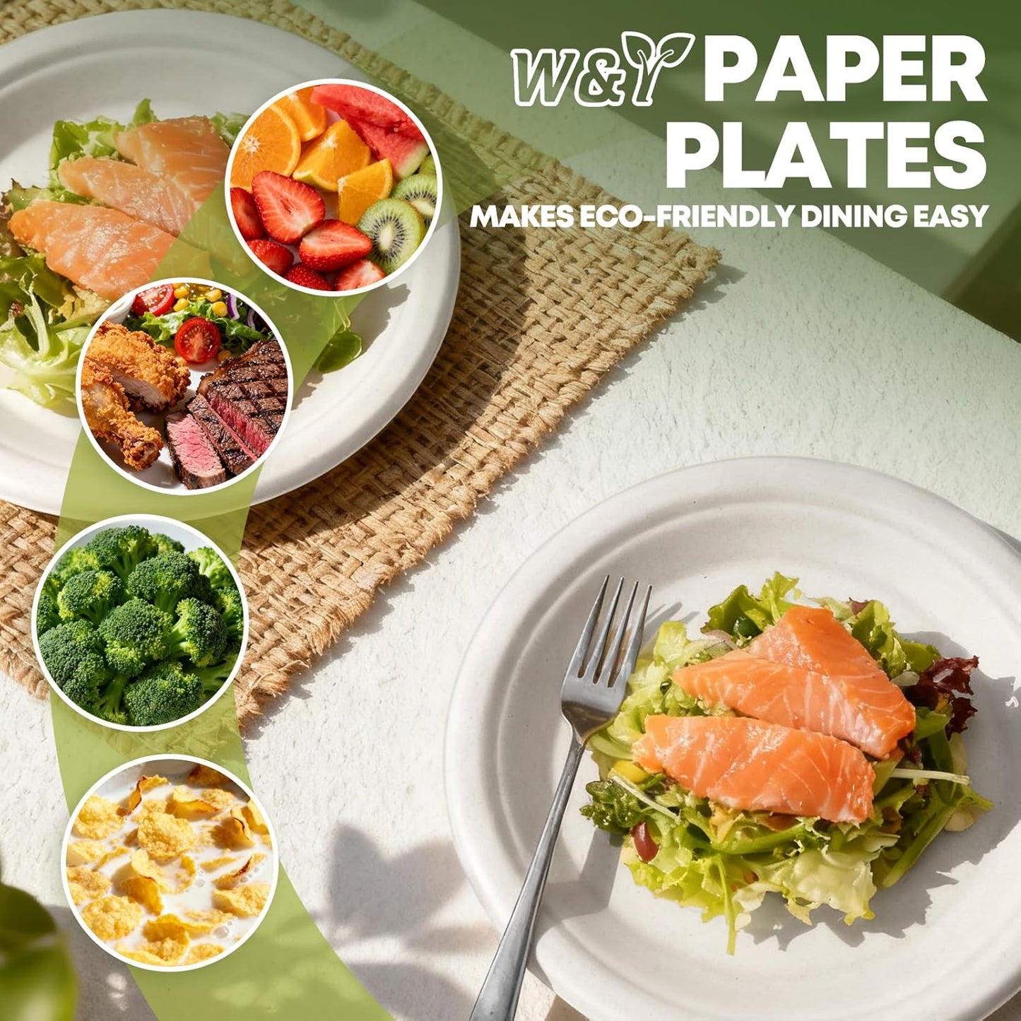 W&Y 100 Pack Heavy-Duty 6-Inch Disposable Paper Plates - Compostable, Microwave-Safe & Leak-Proof