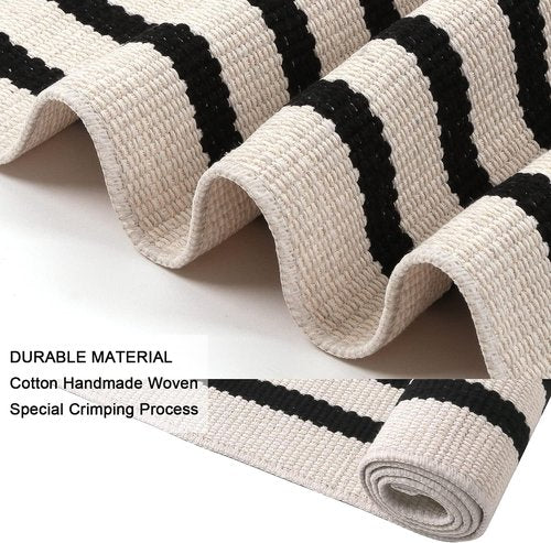 LEEVAN Outdoor Rug Runner - Black and White Striped Cotton Woven Doormat | 2x4 Feet, Washable for Home Use