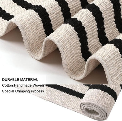 LEEVAN Outdoor Rug Runner - Black and White Striped Cotton Woven Doormat | 2x4 Feet, Washable for Home Use