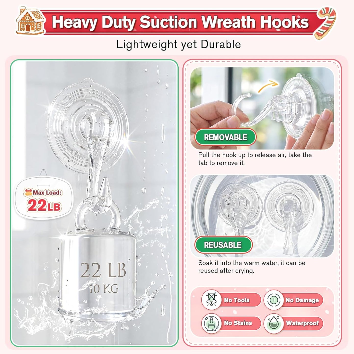VIS'V Wreath Hanger - Heavy Duty Suction Cup Hooks | 22 LB Capacity, Clear, 2 Pack, Removable & Reusable