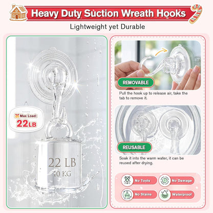 VIS'V Wreath Hanger - Heavy Duty Suction Cup Hooks | 22 LB Capacity, Clear, 2 Pack, Removable & Reusable