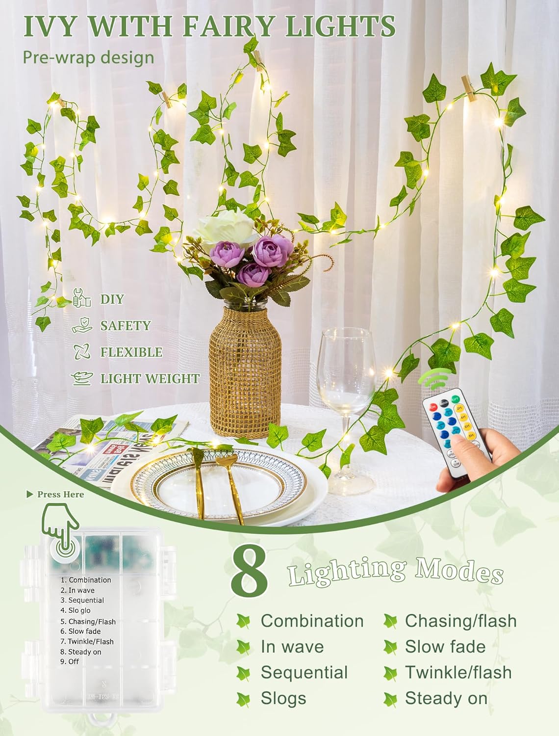 Skiennix Fairy Lights - 13ft Ivy Garland String Lights with Remote & 40 LED Warm White Decor for Bedroom, Wedding & More