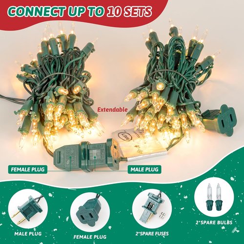 HEYFUNi Clear Christmas Lights - 50 Count Mini String Lights for Indoor/Outdoor Use - 13 Feet Green Wire
