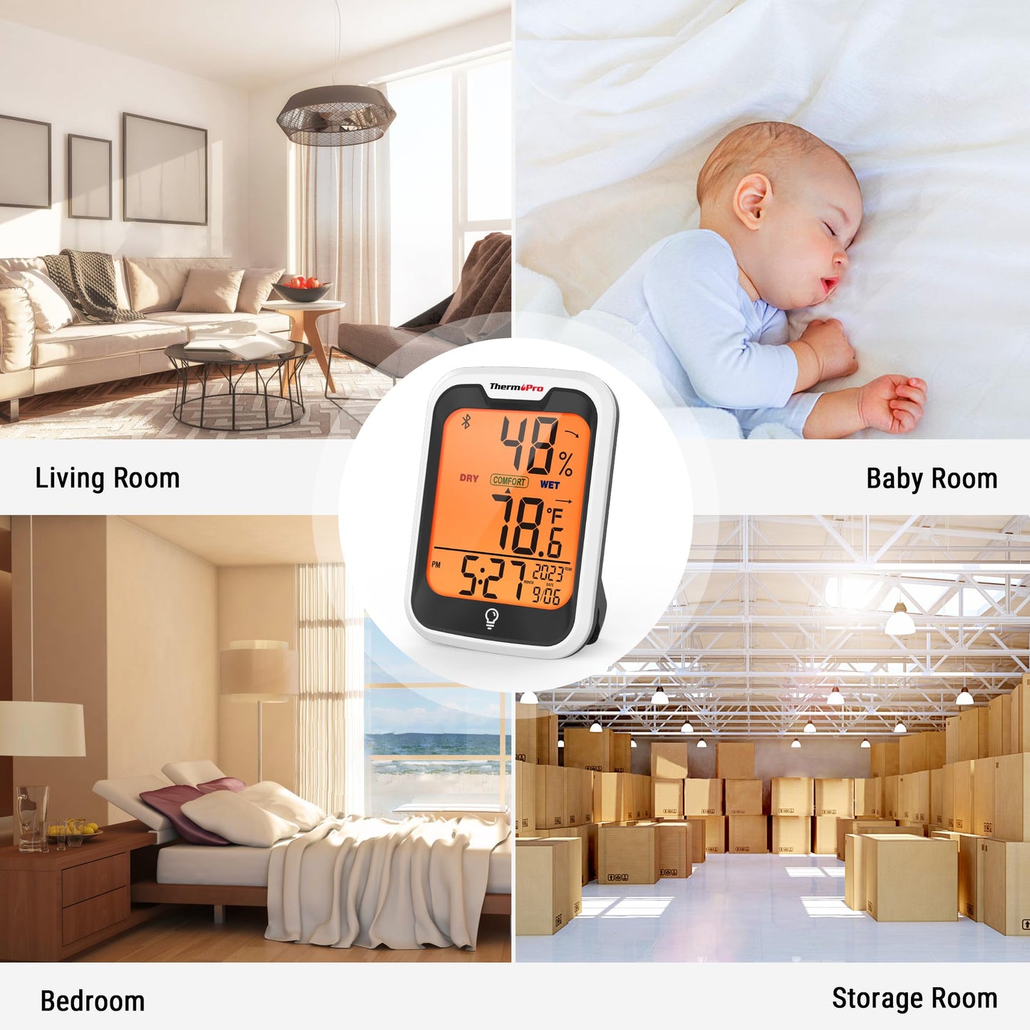 ThermoPro TP358 Bluetooth Thermometer for Room Temperature with Built-in Clock, Smart Temperature Sensor and Humidity Meter with Backlit, 260Ft Hygrometer Indoor Thermometer with Data Storage Export
