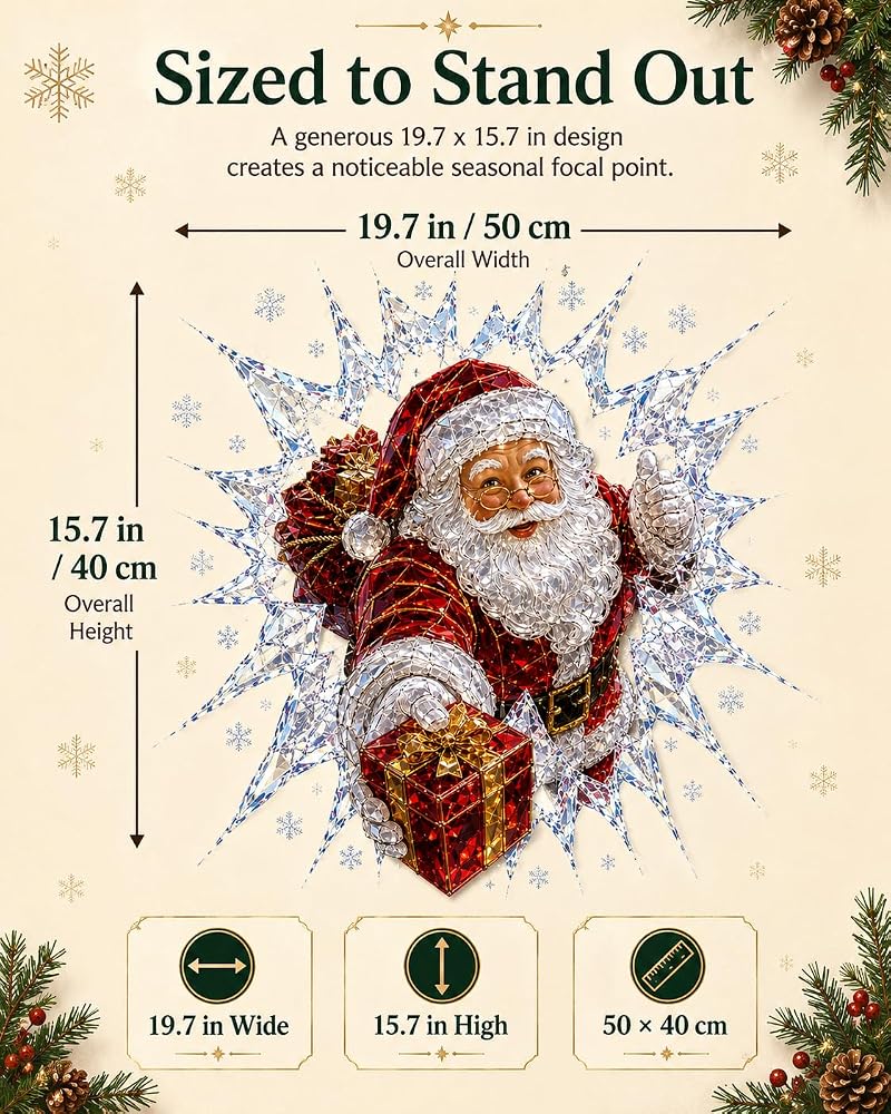 3D Effect Christmas Window Cling Santa - 19.7 x 15.7 Inch Glass Decor