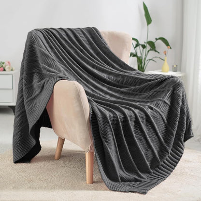 Carriediosa Dark Grey Knit Throw Blanket 60 x 80 with Cable Knit & Stripe Design