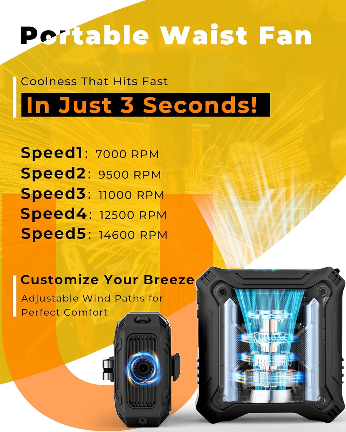 TUNISE Portable Fan - 5-Speed Dual-Sided Clip-On Wearable Waist Fan | 8000mAh Power Bank & Flashlight