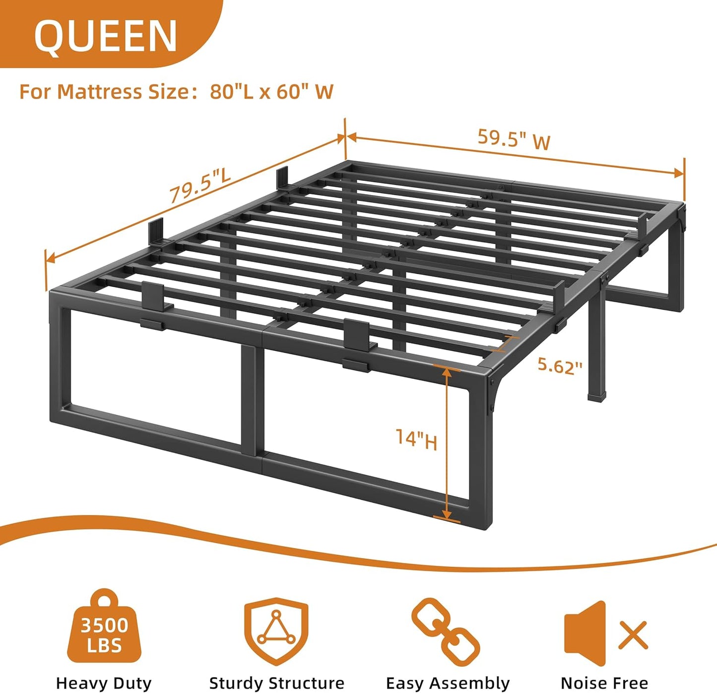 Skiennix Queen Bed Frame - 14 Inch Metal Platform with Squeak-Free Design & Heavy-Duty Support | Black
