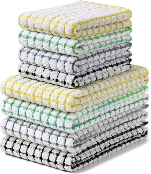 Homaxy Kitchen Towels Set - Super Soft & Absorbent Cotton Dishcloths | 16x25 & 12x12 Inches, 8-Pack in Black, Grey, Yellow, Green