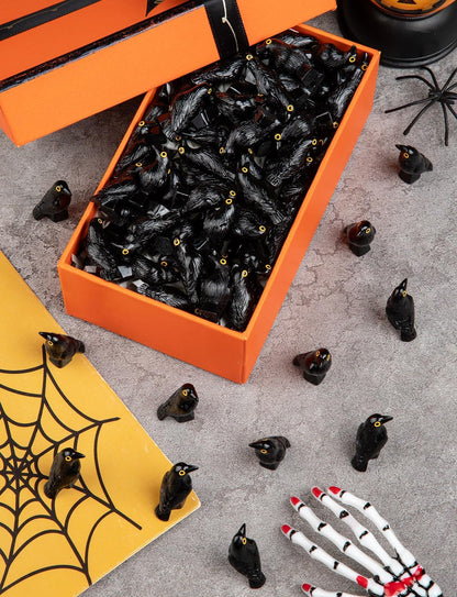 Skiennix Mini Resin Crows - Halloween Decor Black Raven Figurines | 100 Pcs for Table Decorations