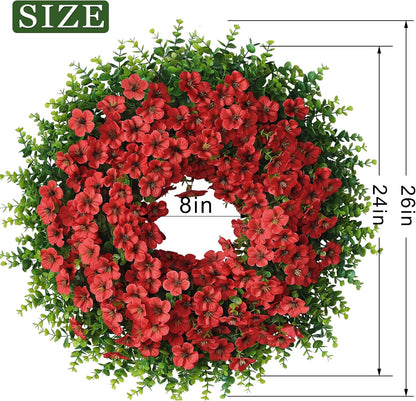 Skiennix 26" Large Artificial Eucalyptus Wreath - Realistic Faux Silk Morning Glory Flowers for Home & Wedding Decor (Red)