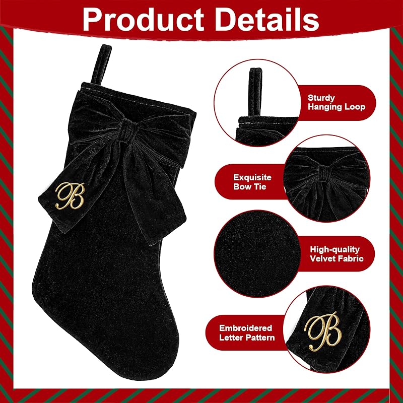 19 Inch Black Velvet Christmas Stocking with Elegant Bow & Monogram L - Personalized Embroidered Holiday Stocking