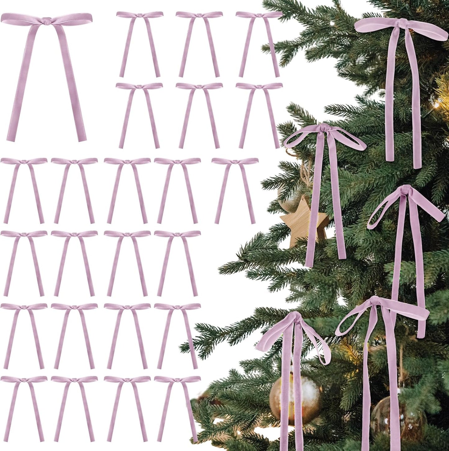 Skiennix 24 Pcs Velvet Bows - Vintage Ribbon Bows for Christmas Tree & Crafts | Light Purple, 5 x 7 Inch