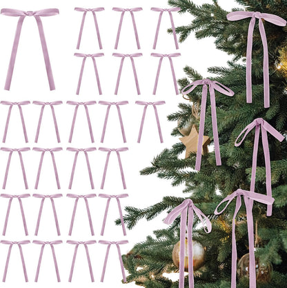 Skiennix 24 Pcs Velvet Bows - Vintage Ribbon Bows for Christmas Tree & Crafts | Light Purple, 5 x 7 Inch