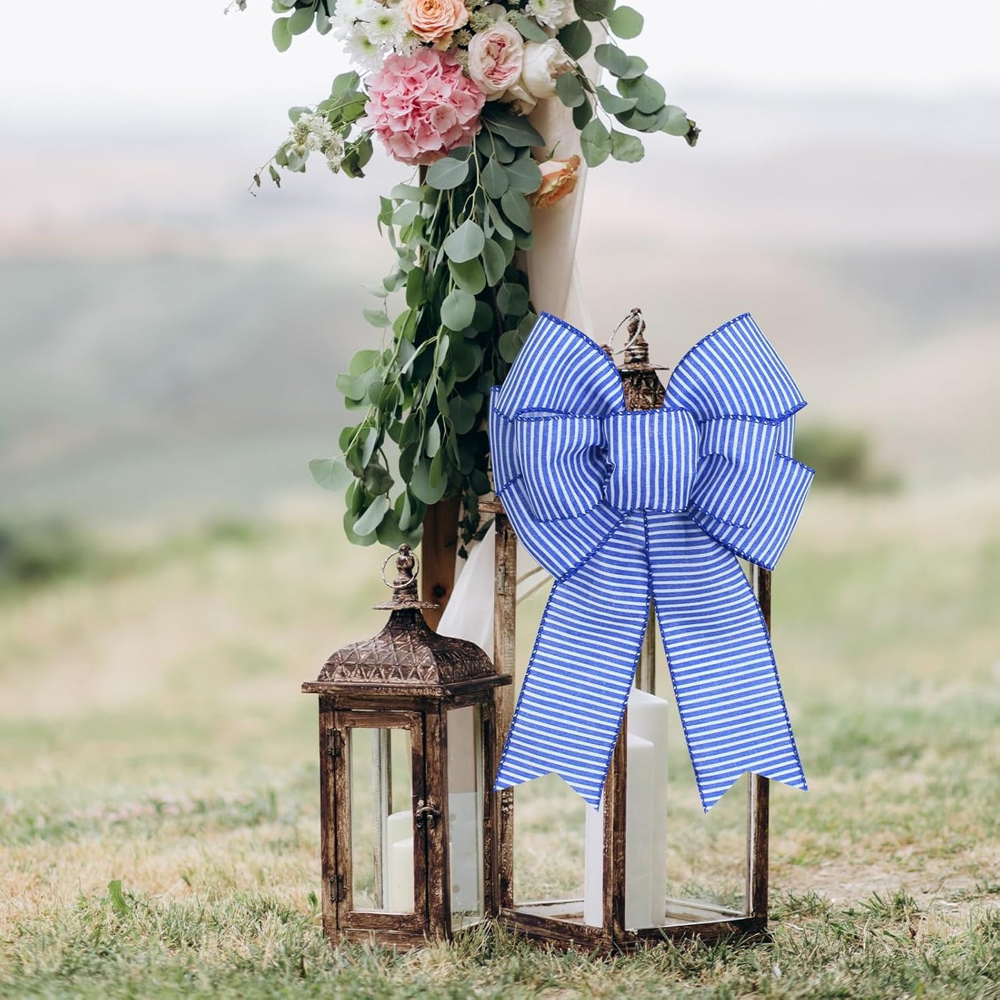 Skiennix Blue & White Stripe Wreath Bows - Rustic Burlap Decor for Indoor/Outdoor Events | 2-Pack