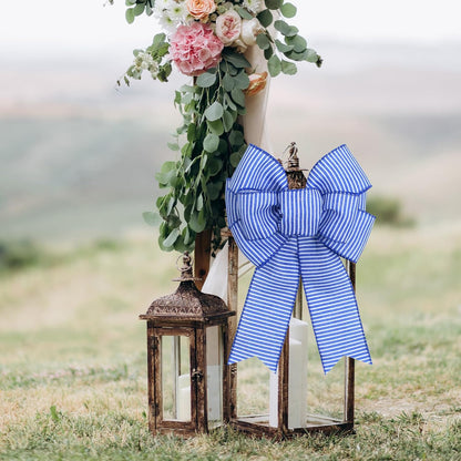 Skiennix Blue & White Stripe Wreath Bows - Rustic Burlap Decor for Indoor/Outdoor Events | 2-Pack