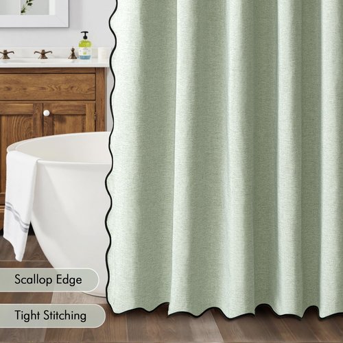 MIULEE Sage Green Scalloped Shower Curtain Linen Textured with 12 Metal Hooks Cute Heavy Duty Washable Waterproof Thick Cloth Spring Curtains with Black Border for Bathroom Hotel Bathtub,W72*L72
