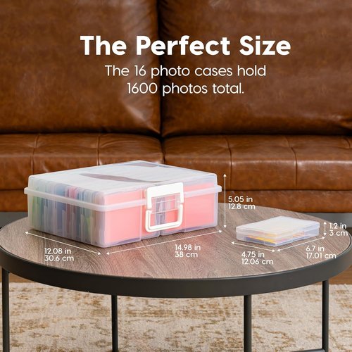 IRIS USA Photo Organizers - 4" x 6" Storage Box with Handle & 16 Inner Cases for Easy Organization - Clear