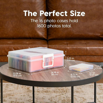 IRIS USA Photo Organizers - 4" x 6" Storage Box with Handle & 16 Inner Cases for Easy Organization - Clear